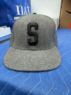 Stussy Vintage Gray Wool Snapback Hat with Black 'S' Patch